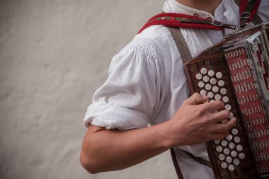 Val Isarco 'da (Güney Tirol) sonbahar yerel kutlamaları sırasında tipik kostümlü müzisyen )