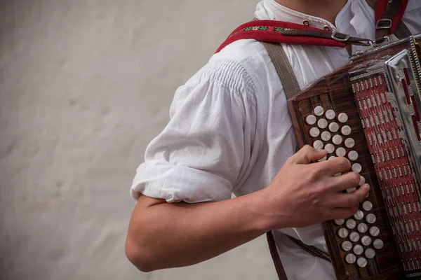 stock image Musician in typical costume during an autumn local celebration in Val Isarco ( South Tirol )