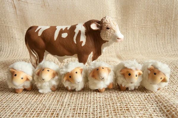 Seis ovelhas bonitos e uma vaca na fazenda — Fotografia de Stock
