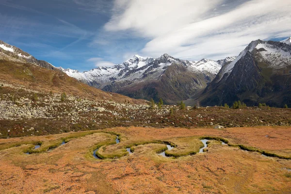 Vallen in de Alpen: alpine beekje in de Italiaanse Alpen; het is laat in de herfst, met geen mensen rond. — Stockfoto