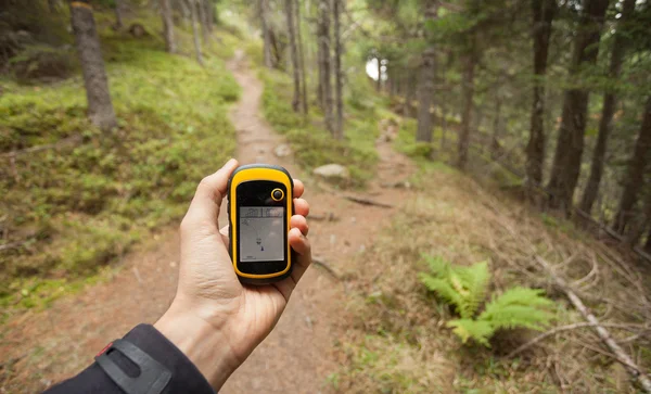 Trovare la giusta posizione nel bosco tramite gps — Foto Stock