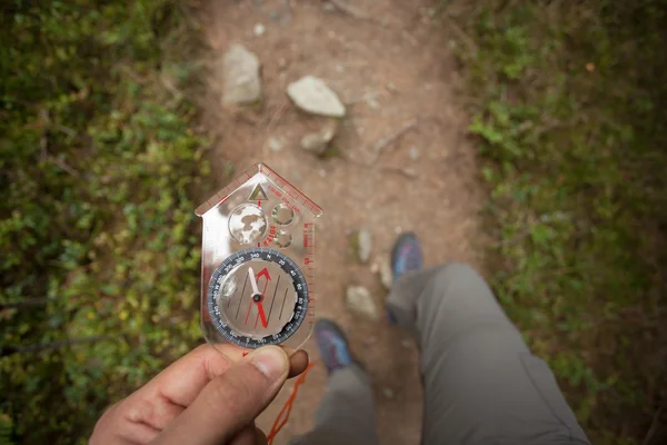 Mit Kompass die richtige Position im Wald finden — Stockfoto