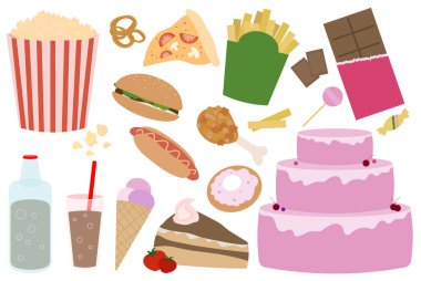 Abur cubur, fast food ve tatlı takımı.