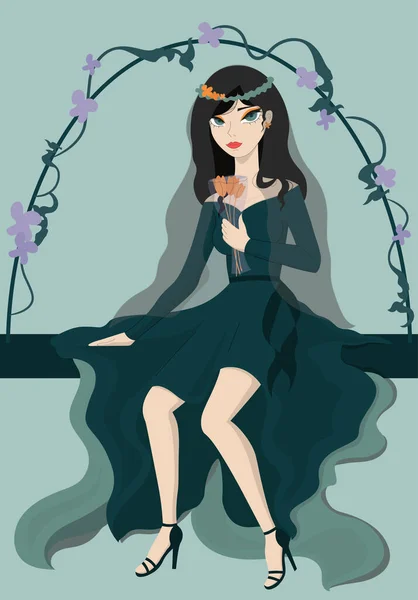 Novia en un vestido de novia no convencional sentado en un columpio — Vector de stock