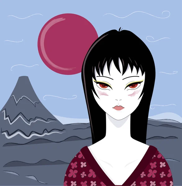 Geisha Japonesa en Kimono Tradicional. Ilustración vectorial. Montaña Fuji. — Vector de stock