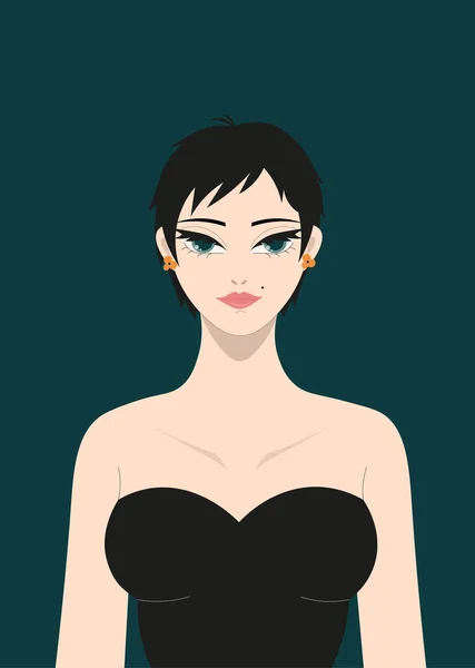 Retrato de una mujer morena con un corte de pelo de hada en un vestido de noche. — Vector de stock