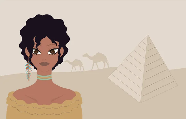 Egyptian woman in desert. Egyptian pyramid. Camel. — Vector de stock