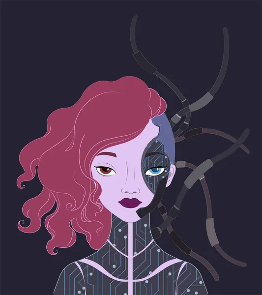 Hermosa mujer cyborg de pelo rosa con cables — Vector de stock