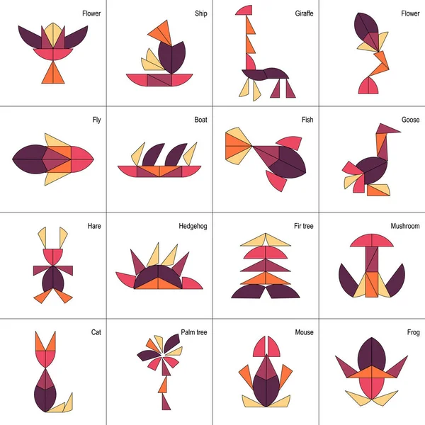 Tangram. 16 Schémas avec animaux et objets. — Image vectorielle