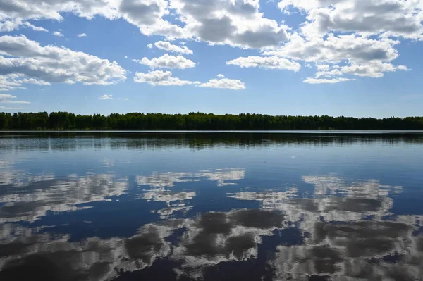 Bir yaz günü gölün arka planında bir orman, suda gökyüzünün yansıması