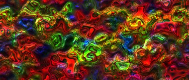 Canlı renkli, 3 boyutlu, parlak metal şekiller, psikedelik şekerler üst üste binen mor, mavi, turuncu ve yeşil desenler.