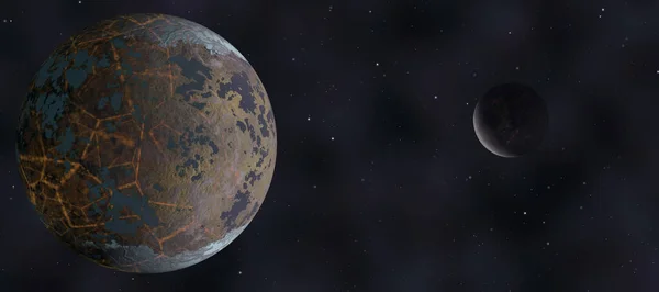 幻想中的行星 带有黑暗雾和恒星的3D插图 带有两颗行星的抽象空间设计和中央空空间 — 图库照片