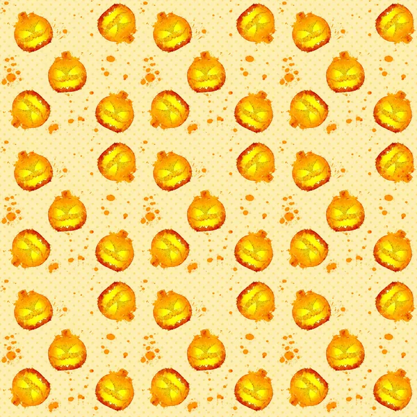 Autunno Halloween Zucca Facce Spruzzato Pois Sfondo Arancione Modello Senza — Foto Stock
