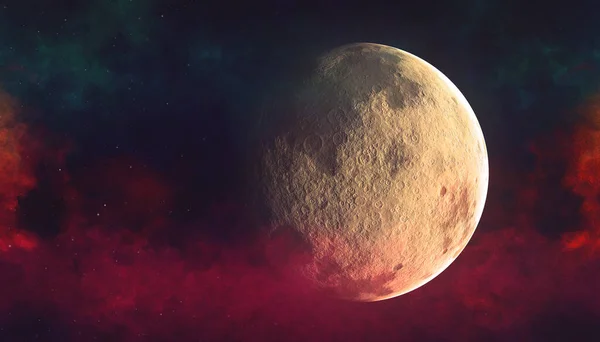 Büyük gezegen illüstrasyonu, uzaydan görünümü, geçmişe ait karanlık nebula gökyüzü yıldızlı mavi ve kırmızı korku sisi, klasik arka plan.
