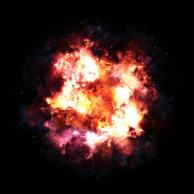 Ateş patlaması, turuncu kırmızı renk ve siyah arka planda izole edilmiş kıvılcımlar.