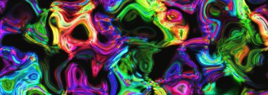 Neon renkli psikedelik dalgalı desen. Koyu arkaplanda parlak kıvrımlı çizgiler sarı, yeşil ve mavi arka plan