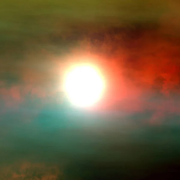 Dramatic apocalyptic background - sun eclipse, red sunset, dark green sky. Full solar eclipse, astronomical phenomenon - full sun eclipse., rich in dark clouds, rays of light