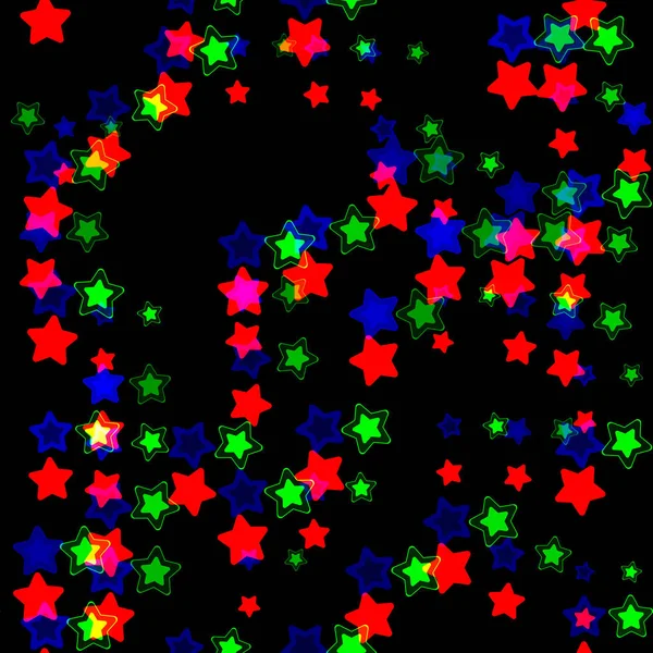 Absztrakt Neon Kék Piros Zöld Csillagok Zökkenőmentes Minta Fekete Háttér — Stock Fotó