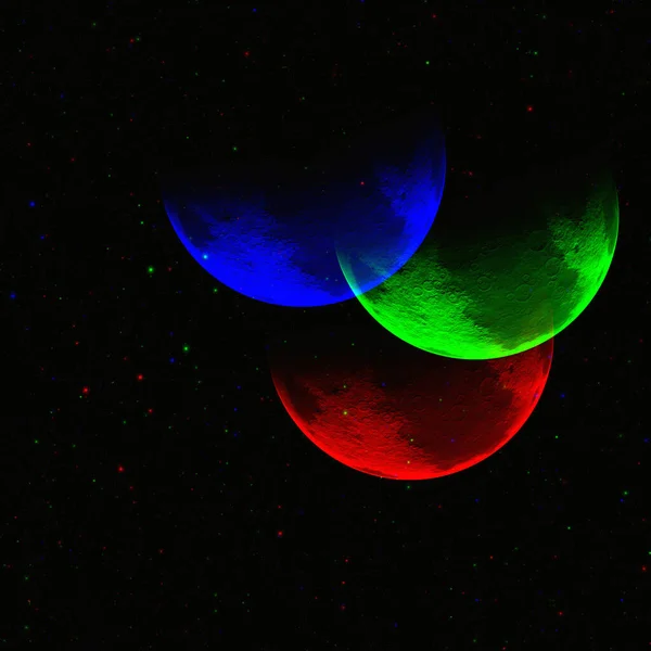 Fantasie Drei Neonblaue Rote Und Grüne Glitch Mond Oder Planeten — Stockfoto