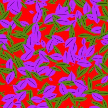 Soyut menekşe ve yeşil örtüşen yapraklar kırmızı arka planda kusursuz tekstil tasarımı. Doğa kumaş tasarımı.