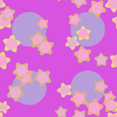 Pembe arka planda dört menekşe dairesi olan hatunsal çizgi film yıldızları kusursuz desen