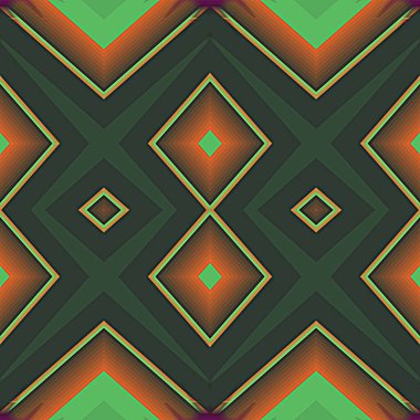 Retro turuncu yeşil çizgiler, kare ve piramit şekilleri, pürüzsüz desen