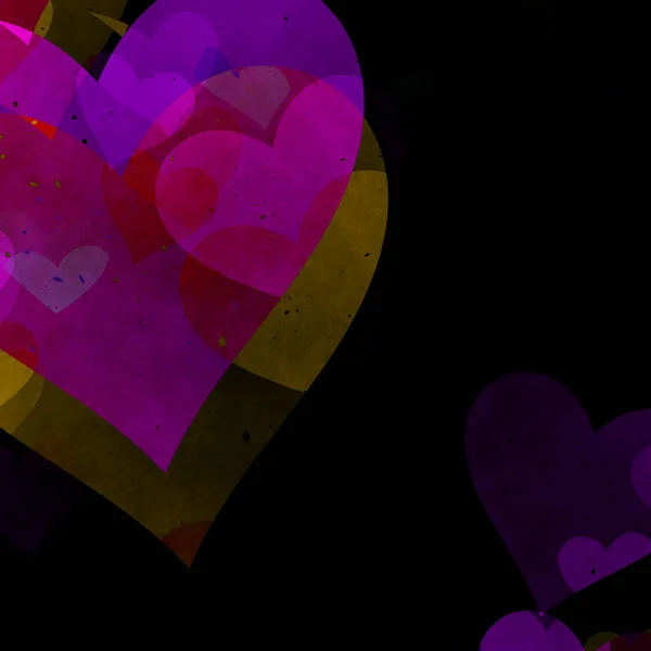 Grunge Damaged Yellow Pink Overlapping Hearts Dark Background Valentine Day — Stock Photo, Image