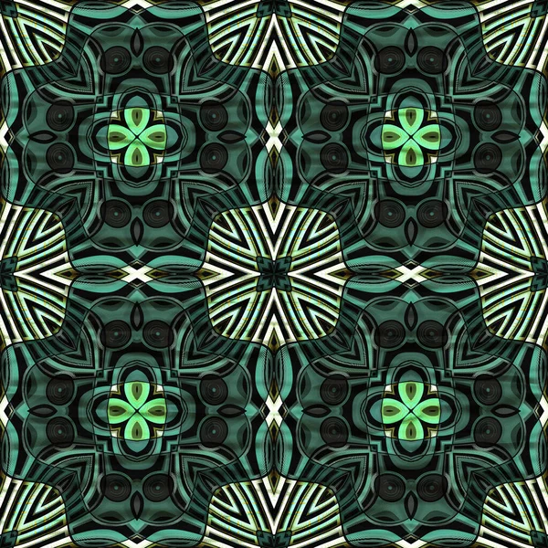 Beautiful Ethnic Stain Glass Green Line Flower Ornaments Seamless Pattern — Stock Photo, Image