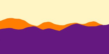 Güneşli sabah doğası, dağlarda dalgalı arka plan, kıvrımlar, kıvrımlar, mor ve turuncu renklerde basit tasarım.