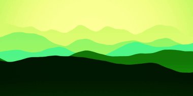 Güneşli sabah doğası, dağlardaki dalgalı arka plan, kıvrımlar, kıvrımlar, basit yeşil renkler.