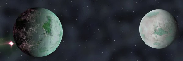 Fantasy green grey planets, 3D illustration with dark mist and stars and one illuminated comet, abstract space design with two planets and central empty space