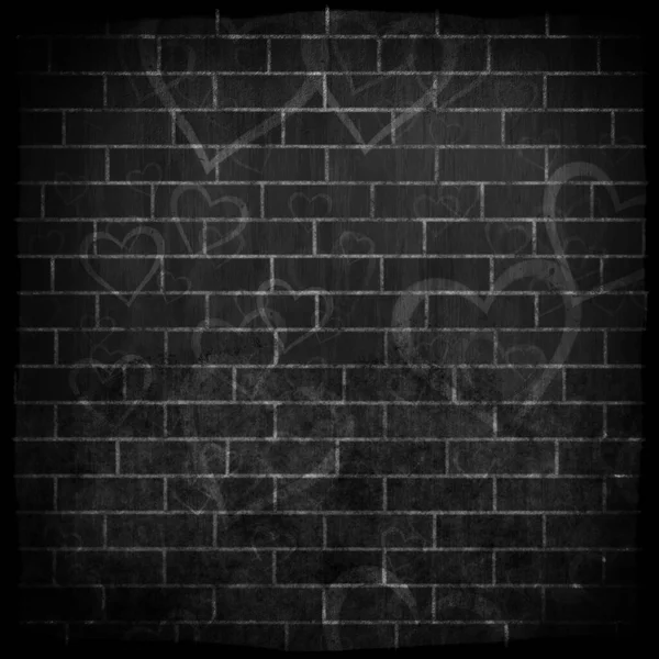 Monochrome Dark Dirty Brick Wall Painted Hearts Valentine Texture Your — Stock Photo, Image