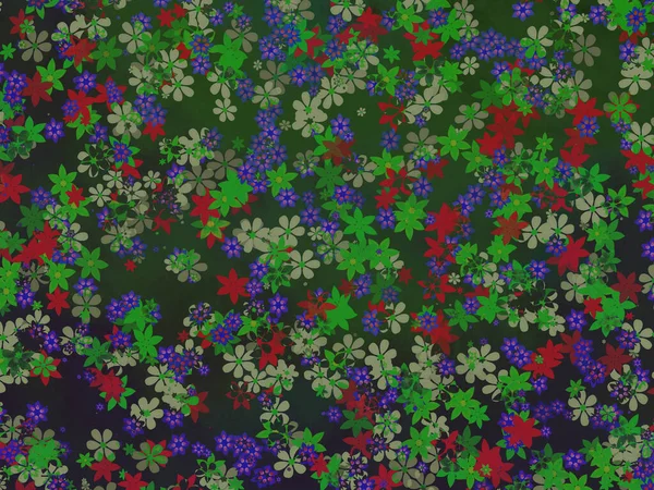 Abstract Tiny Green Red Blue Flowers Shapes Pattern Messy Green — Stock Photo, Image