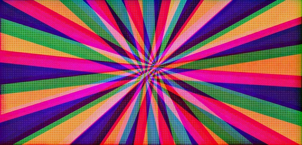 Pop art comic book or cartoon halftone strip cover design. Futuristic rays explosion, isolated retro super hero style radial pink blue orange and green stripes in polka dots
