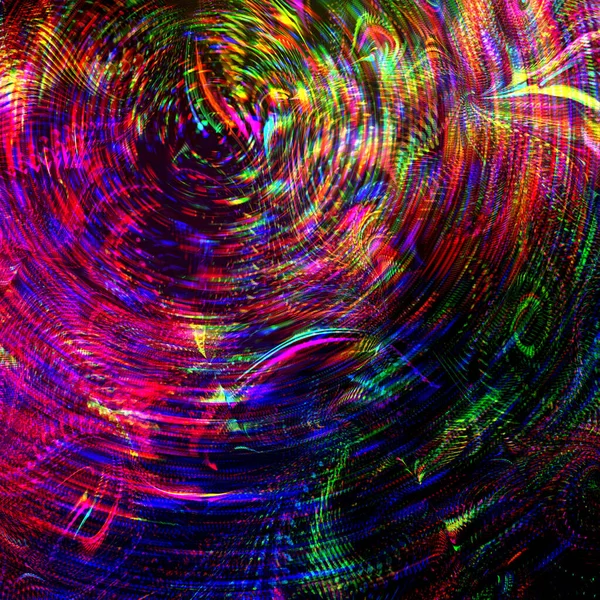 波浪形彩色圆圈数字运动闪光线 发光背景 技术上的迷幻屏幕 具有迪斯科形状质感的光学闪亮的节日未来派卡片 — 图库照片