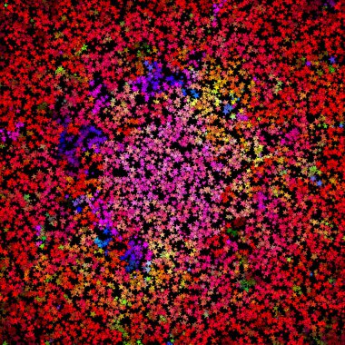 Renkli yıldızların arkaplanı kırmızı menekşe sarısı yeşil ve sınırları kırmızıdır. Düşen Disko Yıldızları. Tebrik kartı, Noel ve Yeni Yıl kartı.