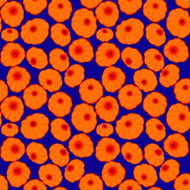 Zengin mavi arka planda parlak turuncu balkabaklarının sonbahar deseni. Soyut sıcak el çizimi balkabağı yineleme süsü. Sonbahar için mükemmel, Şükran Günü, tatiller, kumaş, tekstil