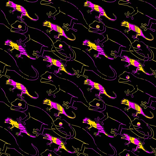 Unique Bright Yellow Pink Gekko Lizard Doodle Seamless Pattern Black — Stock Photo, Image