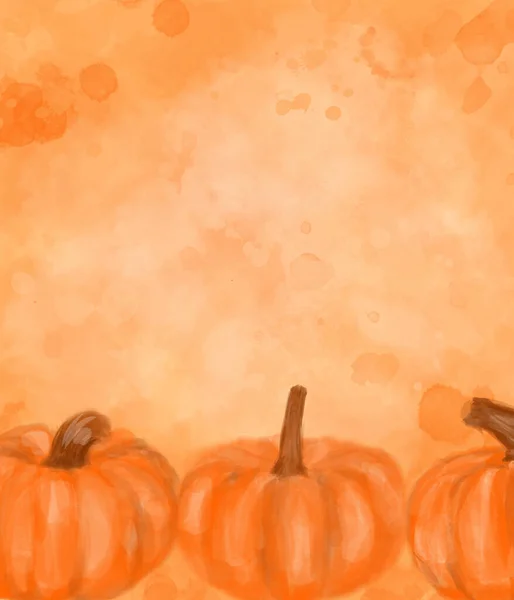 Autumn Card Three Orange Doodle Pumpkins Watercolor Orange Splashed Background — Stock Photo, Image