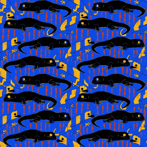 도마뱀은 파란색 배경에 노란색으로 칠해져 물갈퀴없는 무늬를 가지고 있습니다 파충류의 — 스톡 사진