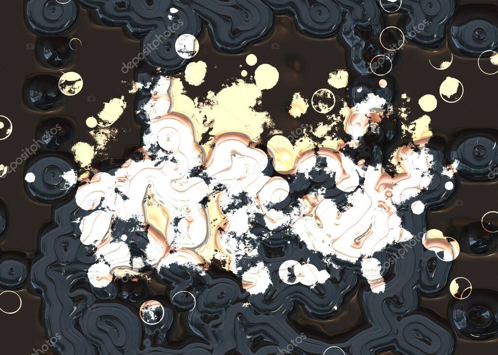 Fluid abstract backdrop with mixing rich paint. Liquid acrylic artwork with circles and splashes. Golden, black and silver overflowing colors. Luxury paints for your 3D design background