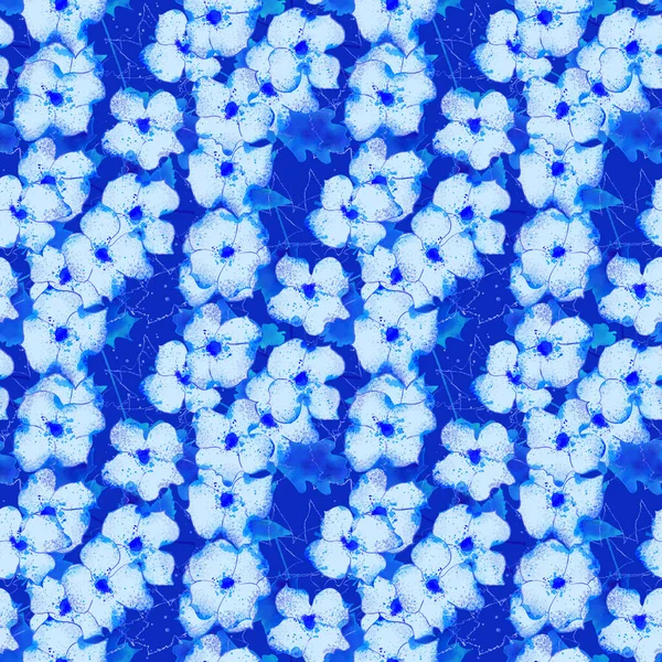 Retrò Disegnato Mano Acquerello Fiori Blu Foglie Modello Ripetibile Con — Foto Stock