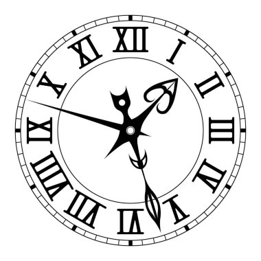 Klasik tarz saat. Beyaz arka planda siyah Roma rakamları. Vektör illüstrasyonu.