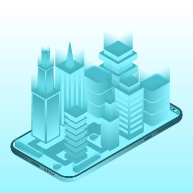 Yol ve akıllı telefonunda izometrik tarzda binalar olan şehir planı. Mobil uygulamanın haritası. Vektör illüstrasyonu.