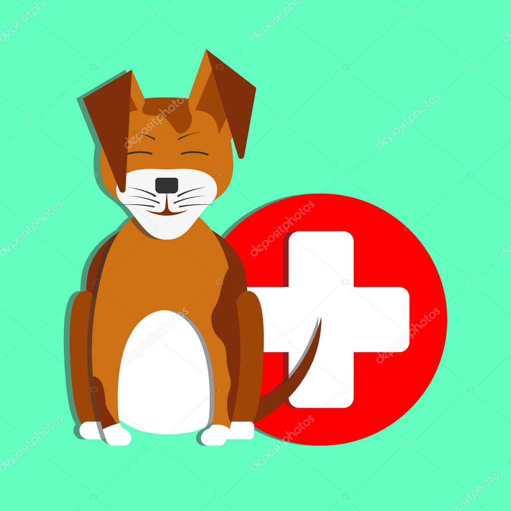 Illustration of a puppy and a medical cross. The logo of the cross. Illustration in flat style. The concept of health.