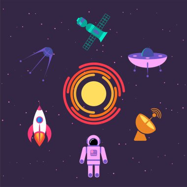 Uzay aracı yıldızlı gökyüzünün ve güneşin arka planına karşı uzayı keşfediyor..