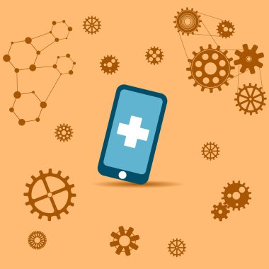 Teçhizatın arka planında tıbbi akıllı telefon var. Modern teknoloji kavramı.