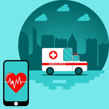 Akıllı telefonunuzla acil ambulans çağrısı. Mavi arkaplanda düz biçimdeki vektör illüstrasyonu.