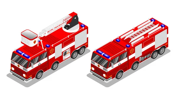 Twee Brandweerwagens Isometrische Stijl Vectorillustratie — Stockvector