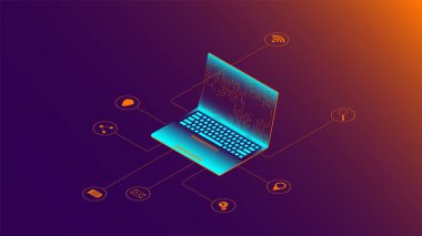 A laptop with a code on the screen. Next to the device are icons of applications for interacting with each other. Programming of the future. A flat vector illustration in an isometric style.